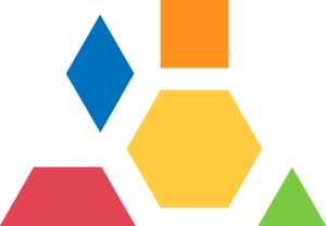 Five geometric mosaics: a blue lozenge, an orange square, a red trapezoid, a yellow hexagon and a green triangle. 