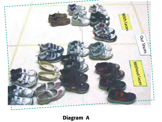 Concrete diagram with the title Our Shoes, showing two categories: With laces and Without laces. The first one has 6 pairs of shoes and the second one has 11 pairs. 