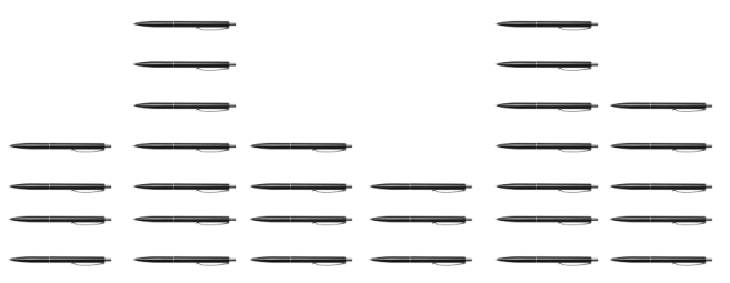 Six columns of pens are lined up side by side. The first column has 5 pens, the second column has 7 pens, the third column has 4 pens, the fourth column has three pens, the fifth column has 7 pens and the sixth column has 4 pens.