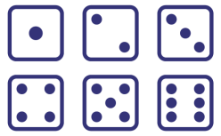 Six playing dice are placed in two rows. The first die shows one dot, the second die shows two dots, the third die shows three dots, the fourth die shows four dots, the fifth die shows five dots and the sixth die shows six dots.