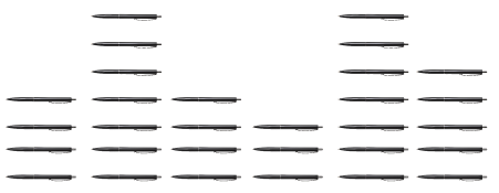 Six columns of pens are lined up side by side. The first column has 5 pens, the second column has 7 pens, the third column has 4 pens, the fourth column has three pens, the fifth column has 7 pens and the sixth column has 4 pens.