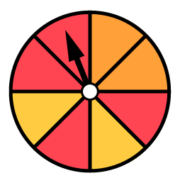 Roulette wheel divided into eight parts. There are two orange parts, one red part, one yellow part, one red part, one yellow part and two red parts. The arrow is located on the last red part.