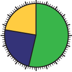 The pie chart is divided into three parts. The green part takes 54 percent of the space. The navy blue part takes 24 percent of the space. And the yellow part takes 22 percent of the space.