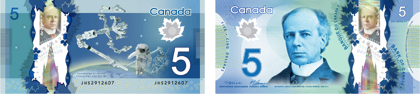 Billet de 5 dollars : Billet rectangulaire en polymère bleu. Image du Canadarm 2 sur un des côtés et Sir Wilfred Laurier sur l’autre côté.Le texte est accompagné d’un photo des deux côtés du billet de 5m dollars.