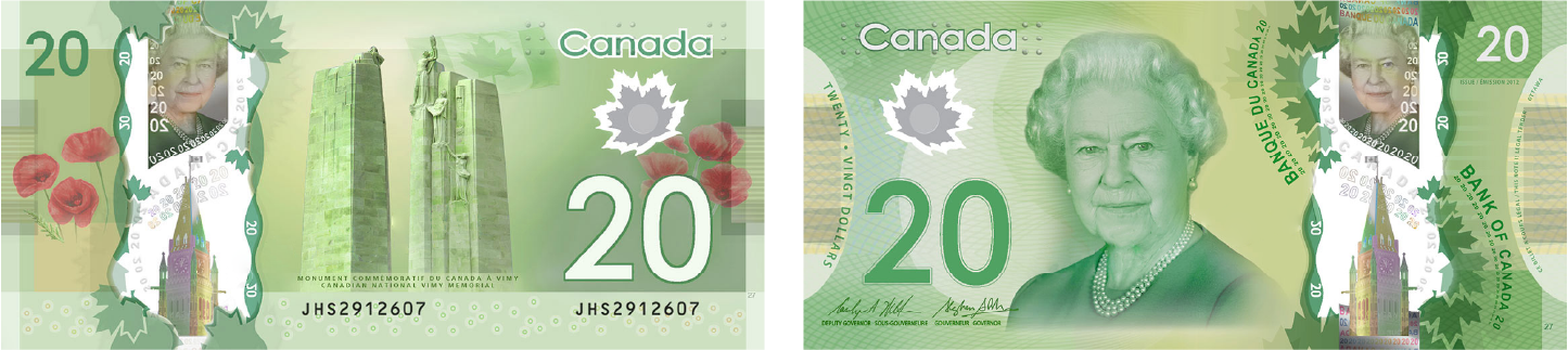 Billet de 20 dollars:Billet rectangulaire en polymère vert.Image du monument commémoratif du Canada à Vimy sur un des côtés et de la reine Élisabeth 2 sur l’autre côté.Le texte est accompagné par une photo de chaque côté du billet.