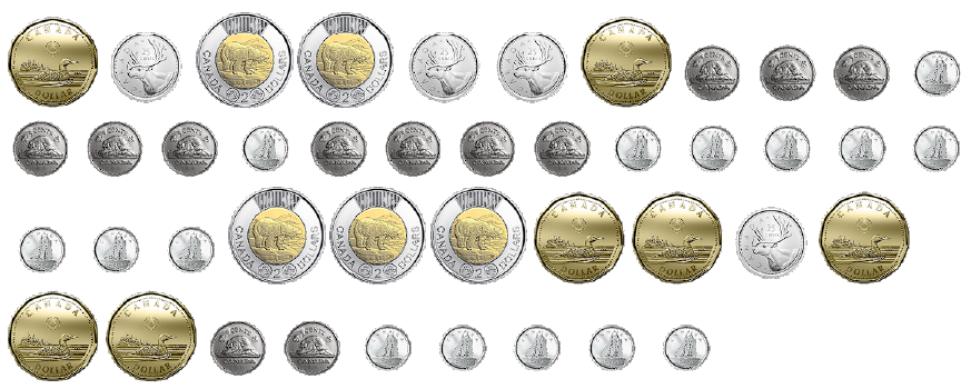 Les pièces suivantes sont exposées : 12 pièces de 5 cents, 15 pièces de dix cents, 4 pièces de 25 cents, 7 pièces d’un dollar, et 5 pièces de 2 dollars.