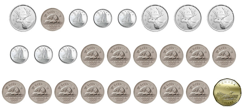 Les pièces suivantes sont exposées : 4 pièces de 25 cents, 6 pièces de dix cents, 15 pièces de 5 cents et une pièce de un dollar.