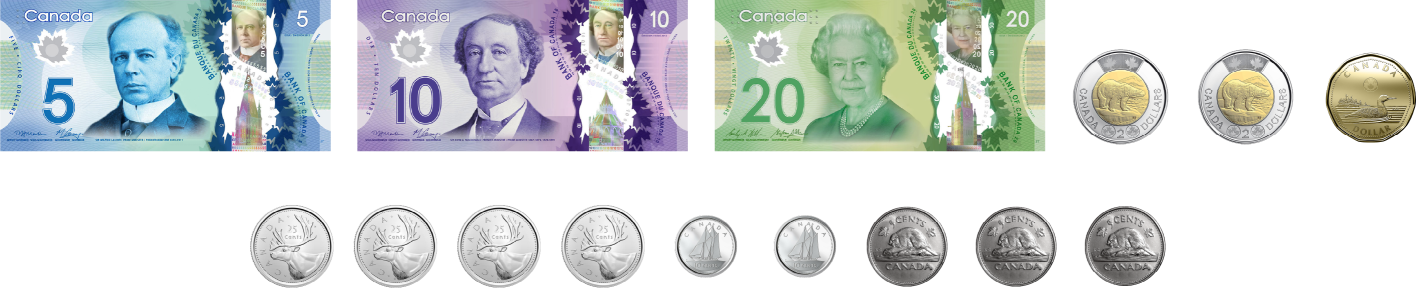 Un billet de 5 dollars, un billet de dix dollars, un billet de 20 dollars, 2 pièces de 2 dollars, une pièce de un dollar, 4 pièces de 25 cents, 2 pièces de dix cents, 3 pièces de 5 cents. 