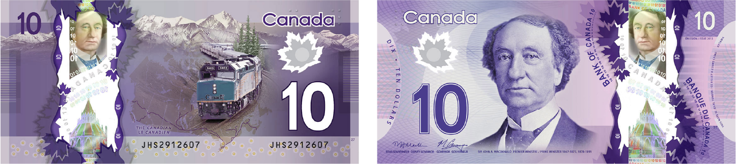 Both side of a horizontal ten dollar bill