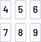 Deux rangées de trois cartes numérotées sont placées l’une sous l’autre. Les chiffres des cartes vont comme suit : quatre, cinq six. Sept, huit, neuf.