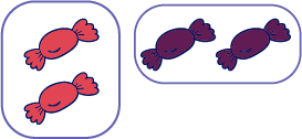 Deux bonbons papillotes rouges placés l’un par-dessus l’autre sont encerclés. Deux bonbons papillotes mauves placés côte à côte sont encerclés.