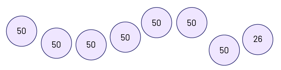 8 cercles sont placés côte à côte. Sept d’entre eux ont le nombre 50, le dernier à le nombre 26. On obtient le nombre 376. 