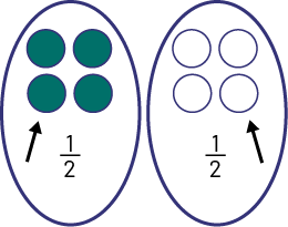 Deux ovales sont représentés. Dans chaque ovale, il y a 4 balles, celles de l’ovale de gauche sont vertes. Une flèche pointe les balles, on peut lire la fraction un demi. 
