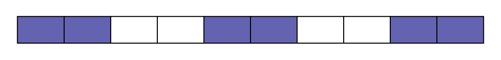 Une barre de chocolat représentée par une bande divisée en dix parties égales.  Les 2 premières parties sont bleues, les 2 parties du milieu sont bleues et les 2 dernières parties sont bleues.