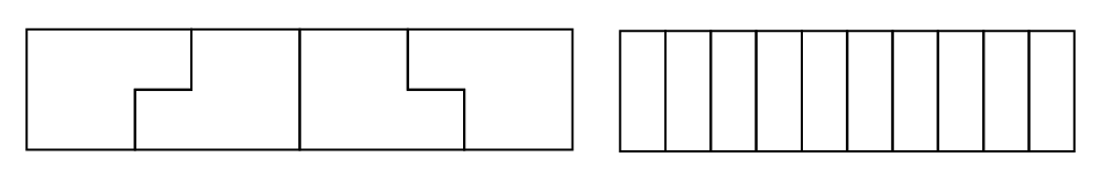 2 rectangles divisés de façon différentes.  Le premier rectangle est divisé en 4 parties égales qui sont plus grosses que les dix parties égales du 2e rectangle.