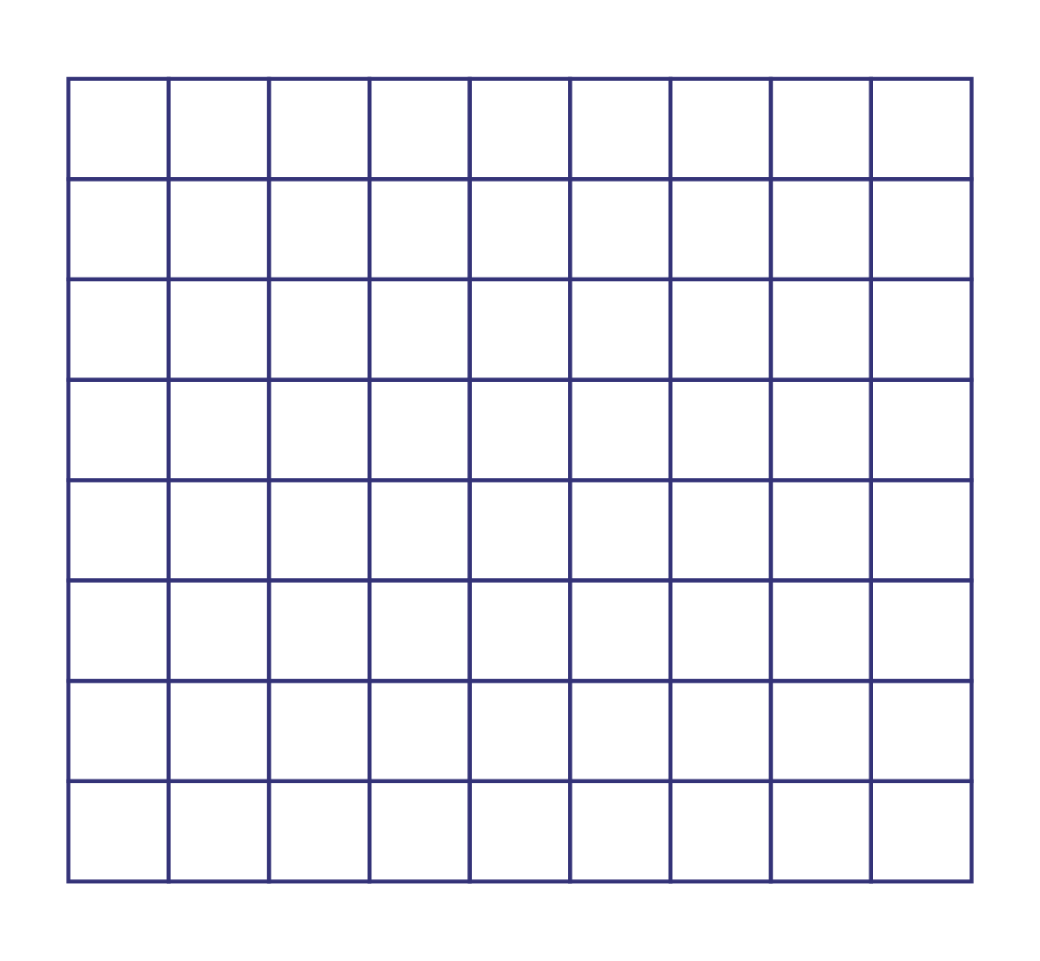 Représentation rectangulaire de 8 rangées de 9 carrés.