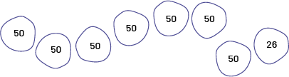 8 formes arrondies sont placées côte à côte. Sept d’entre eux ont le nombre 50, le dernier à le nombre 26. On obtient le nombre 376. 