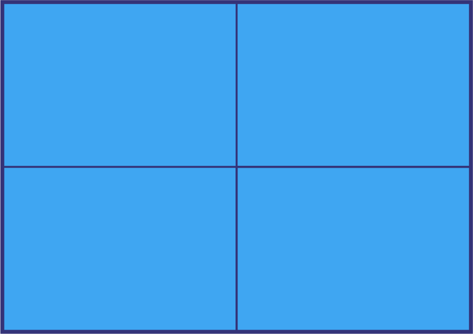 Un rectangle divisé en 4 parties égales. Les 4 parties sont bleues.