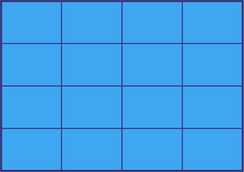 Un rectangle divisé en 16 parties égales, les 16 parties sont en bleues.