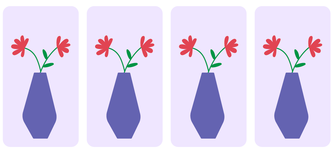 Quatre illustrations identiques sont placées côte à côte. Il s’agit d’un vase bleu contenant deux fleurs à pétales rouges. 