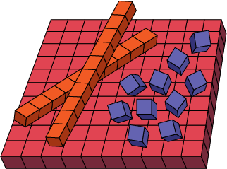 Sur une planchette sont disposés deux bâtonnets de dix unités et dix cubes unités 