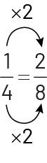 Un sur quatre égale deux sur huit. Une flèche relie les numérateurs en indiquant multiplié par deux. Une flèche relie les dénominateurs en indiquant multiplié par deux. 