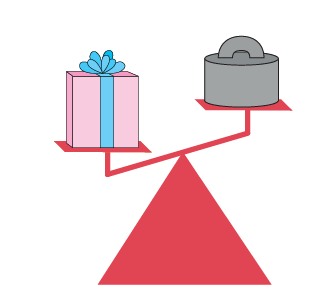 Une balance à plateaux est utilisée pour déterminer la masse du cadeau.