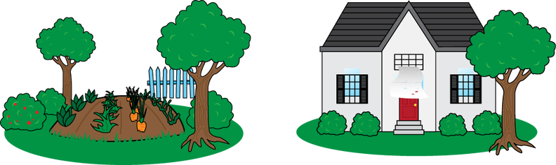 Un potager entre deux arbres. Une maison et sa plate-bande.