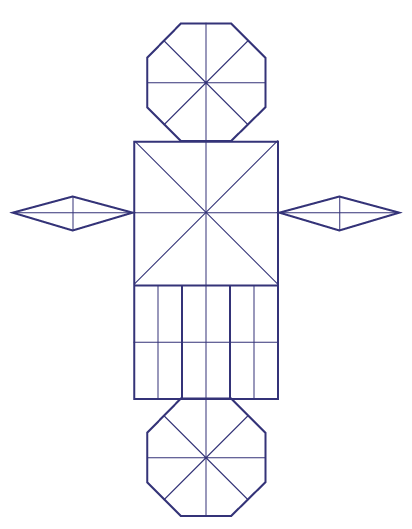 Le personnage formé avec les figures est représenté avec tous les axes de symétrie de toutes les figures planes qui le représentent.