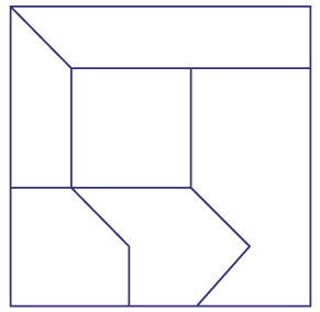 Un carré est transformé en Tangram. Il est divisé en 6 figures planes diverses.