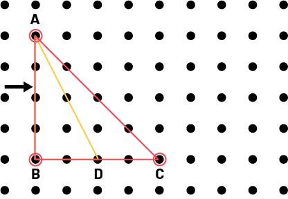Un géoplan où deux élastiques, une jaune et une rouge, ont la forme d’un triangle. Ils sont superposés pour démontrer leurs différences. Le premier triangle s’appelle, « A », « B », « D ». Le deuxième triangle s’appelle « A », « B », « C ». Une flèche pointe le côté « A ». « B » qui est commun aux deux triangles.