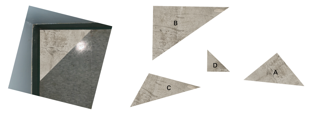 Exemple de tuile dont il manque une partie de forme triangulaire. Quatre possibilités de triangle de différentes tailles : « A », « B », « C », « D ». 