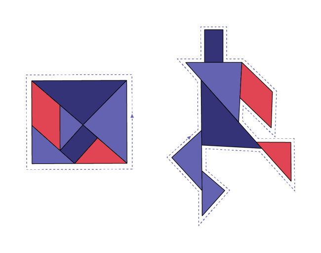 Un tangram dont toutes les figures forment un carré. Les figures du tangram forment un personnage.