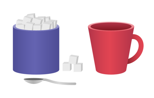 Une tasse bleue remplie avec des cubes de sucre. Une tasse rouge, elle est vide. 