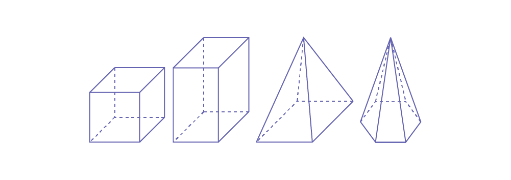 Quatre solide: « cube, » « prisme à base rectangulaire, » «  pyramide à base carrée, » « pyramide à base hexagonale. »