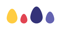 Des œufs, de grandeurs différentes sont placés de façon anodine. Œuf jaune, Œuf rouge, Œuf bleu foncé, Œuf bleu pâle.
