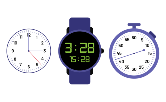 Horloge analogique, elle indique 3 heures et 23 secondes. Montre numérique, elle indique 3 heures 28 ou 15 heures 28. Un chronomètre indique 42 secondes.