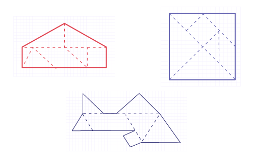 Des figures sont composées de morceaux de tangram. Figure un est une maison, Figure 2 est un carré, Figure 3 est un poisson.