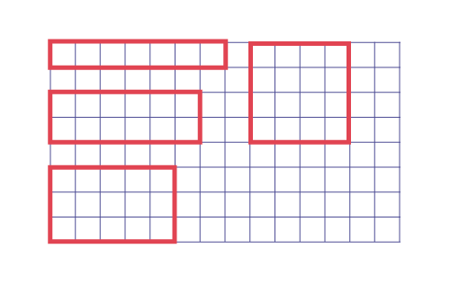 Différentes formes et grandeurs de rectangles sont tracées sur une feuille quadrillée. Les rectangles ont tous un périmètre de 16 unités.