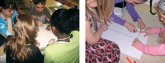 Deux images de situation de classe. Les premièrs quatre élèves qui mesurent des tracés sur une feuille. La deuxième image trois élèves qui mesures sur carton quadrillé.