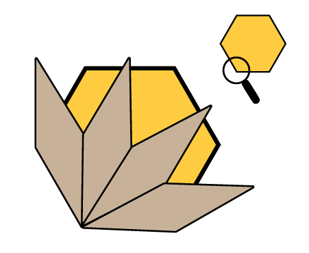 Un hexagone dont la moitié est recouverte par quatre parallélogrammes. À côté de cette image est une loupe qui amplifie un angle d’un plus petit hexagone.