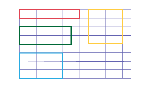 Il y a une grille sur laquelle trois rectangles différents et un carré sont placés