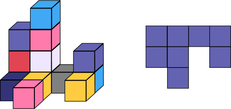 Une structure de 14 cubes. La structure est vue de diagonale. À la droite il y a une vue de dessus de la même structure . 