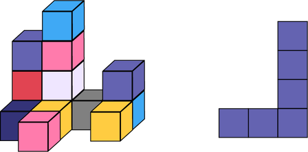Une structure de 14 cubes. La structure est vue de diagonale. À la droite il y a une vue du côté de la même structure.