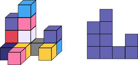 Une structure de 14 cubes. La structure est vue de diagonale. À la droite il y a une vue du devant de la même structure.