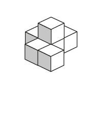 Une structure ayant une base de laquelle cinq cubes sont visibles, et un cube posé sur le centre de la base.