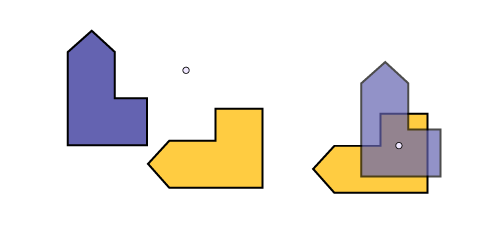 Il y a deux images. Dans la première, il y a deux figures congrues et un point. Dans la deuxième, il a y deux figures congrues superposées et un point dans le centre des images.