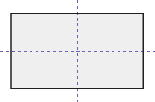 Un rectangle ayant deux ensembles de lignes parallèles égales. Une ligne pointillée verticale et une ligne pointillée horizontale se croisent au centre de la forme. 