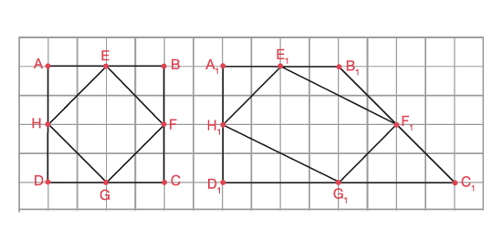 Une grille sur laquelle se trouvent deux ensembles de quadrilatères superposés. Un des sommets du second quadrilatère est plus long que celui dans le premier ensemble.