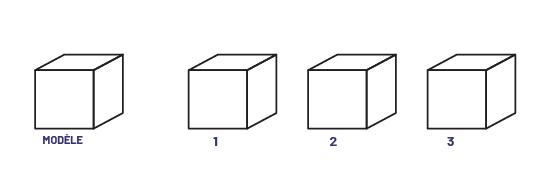 Il y a une série de quatre cubes. Sous le premier cube est écrit: modèle. Sous le deuxième cube est écrit: un. Sous le troisième cube est écrit: deux. Sous le quatrième cube est écrit: trois.